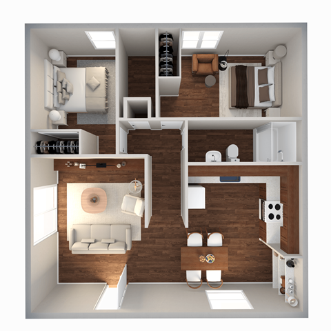 a 3d rendering of a 1 bedroom floor plan with a bathroom and living room